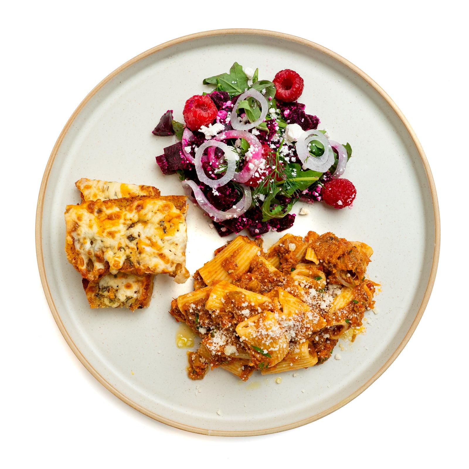 Rigatoni Bolognese with Arugula & Beet Salad and Garlic Cheese Toast