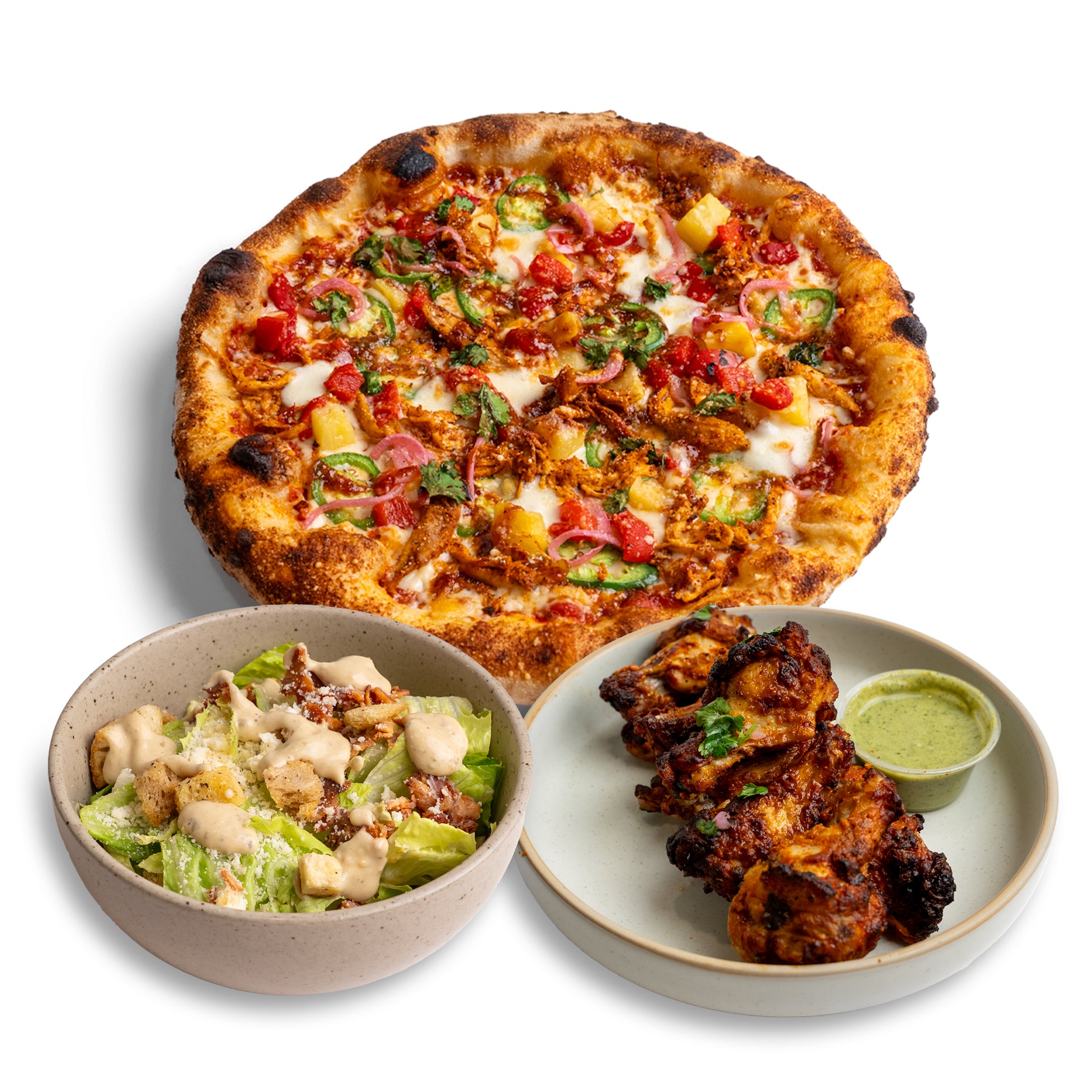 12" Pizza of Choice with Caesar Salad & Chicken Wings