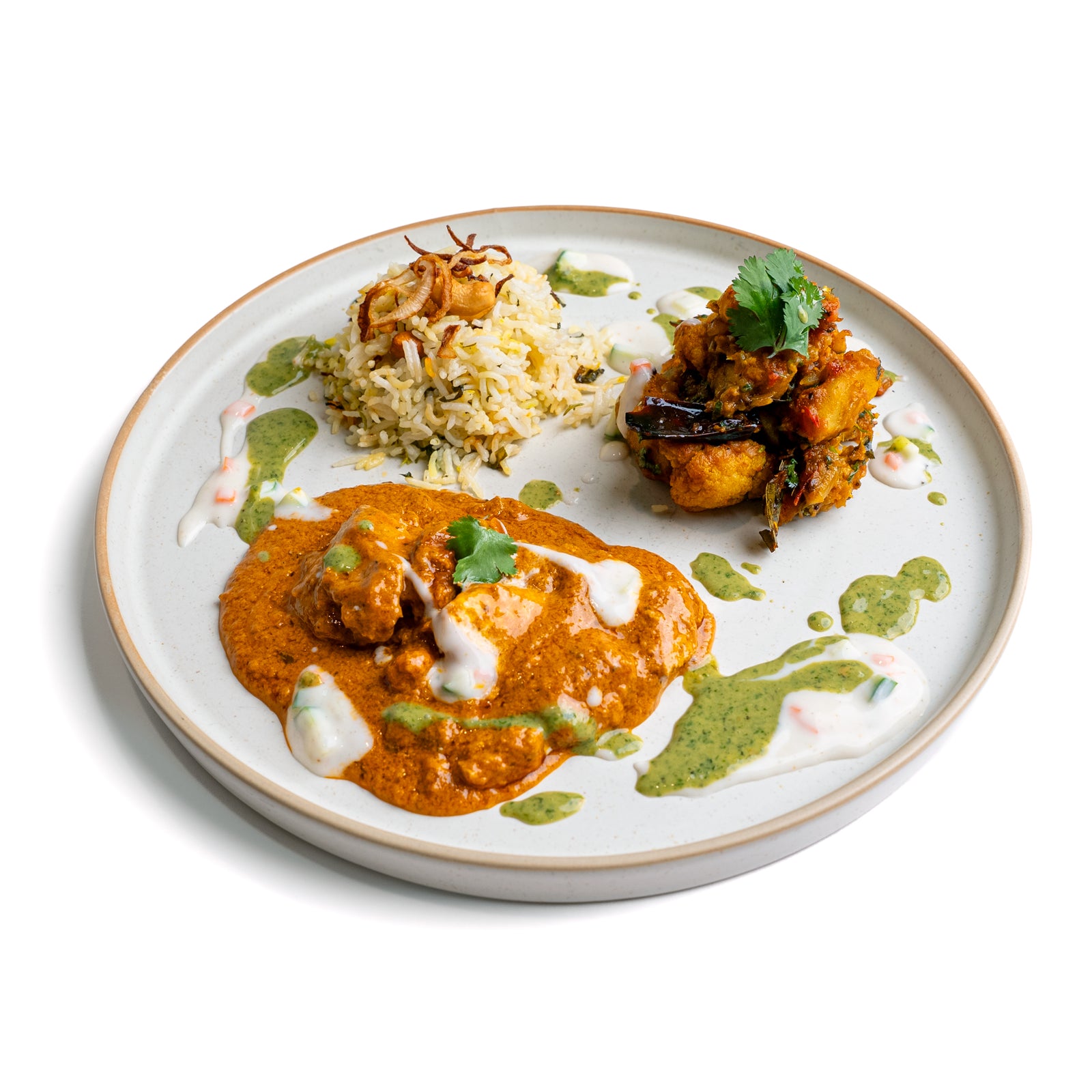 Butter Chicken with Jasmine Rice, Aloo Gobi & Raita
