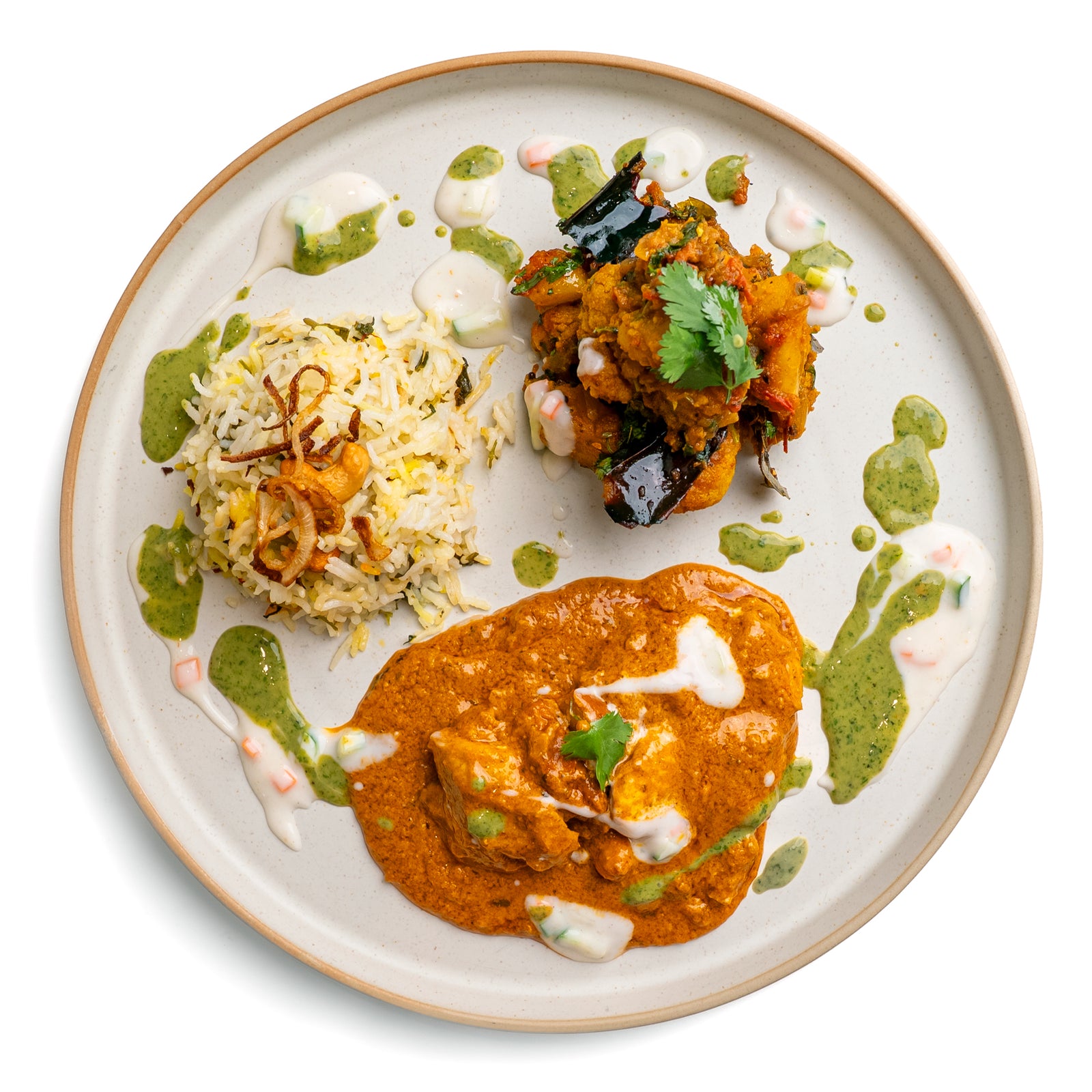 Butter Chicken with Jasmine Rice, Aloo Gobi & Raita