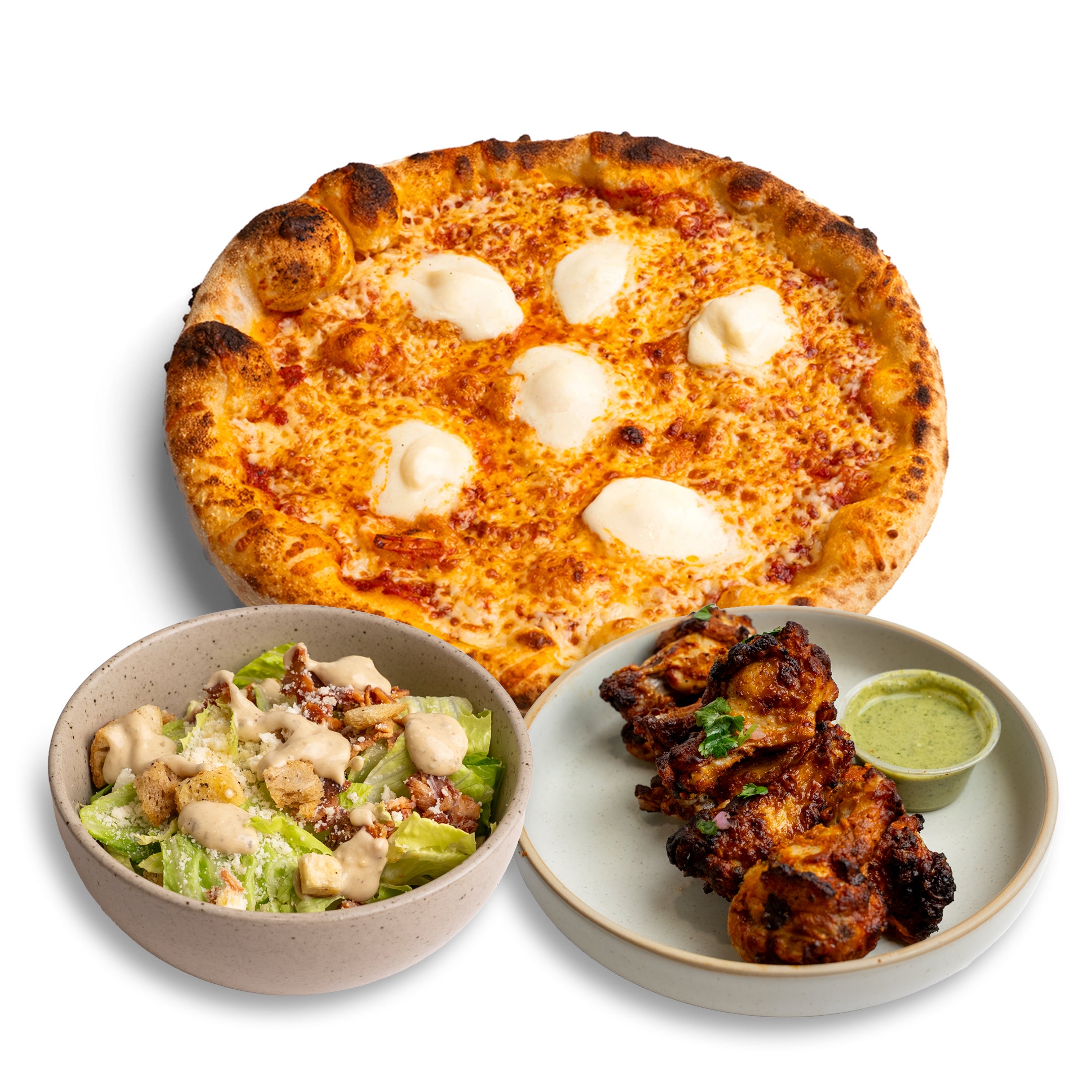 12" Pizza of Choice with Caesar Salad & Chicken Wings