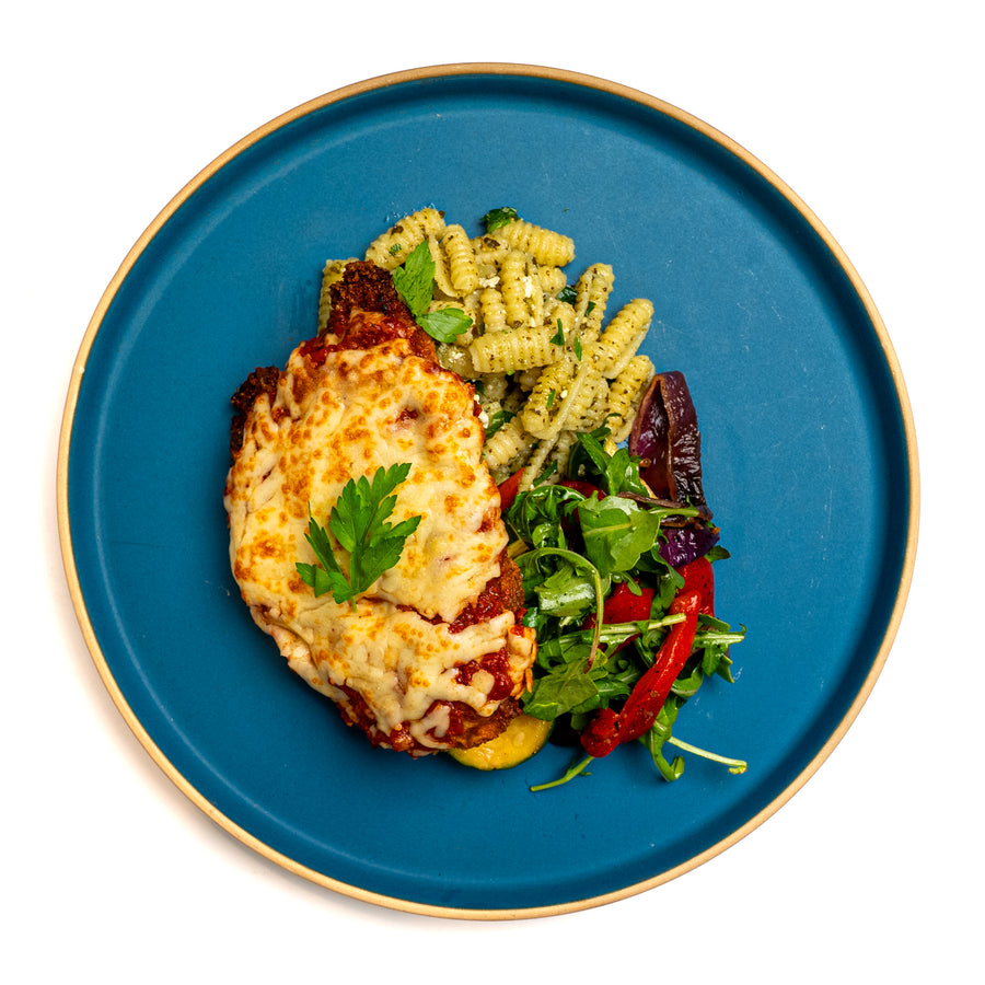 Chicken Parmesan with Pesto Gnocchetti Sardi & Mediterranean Vegetables