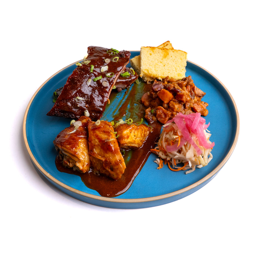 Chicken & Ribs with Coleslaw, Cornbread, and BBQ Beans
