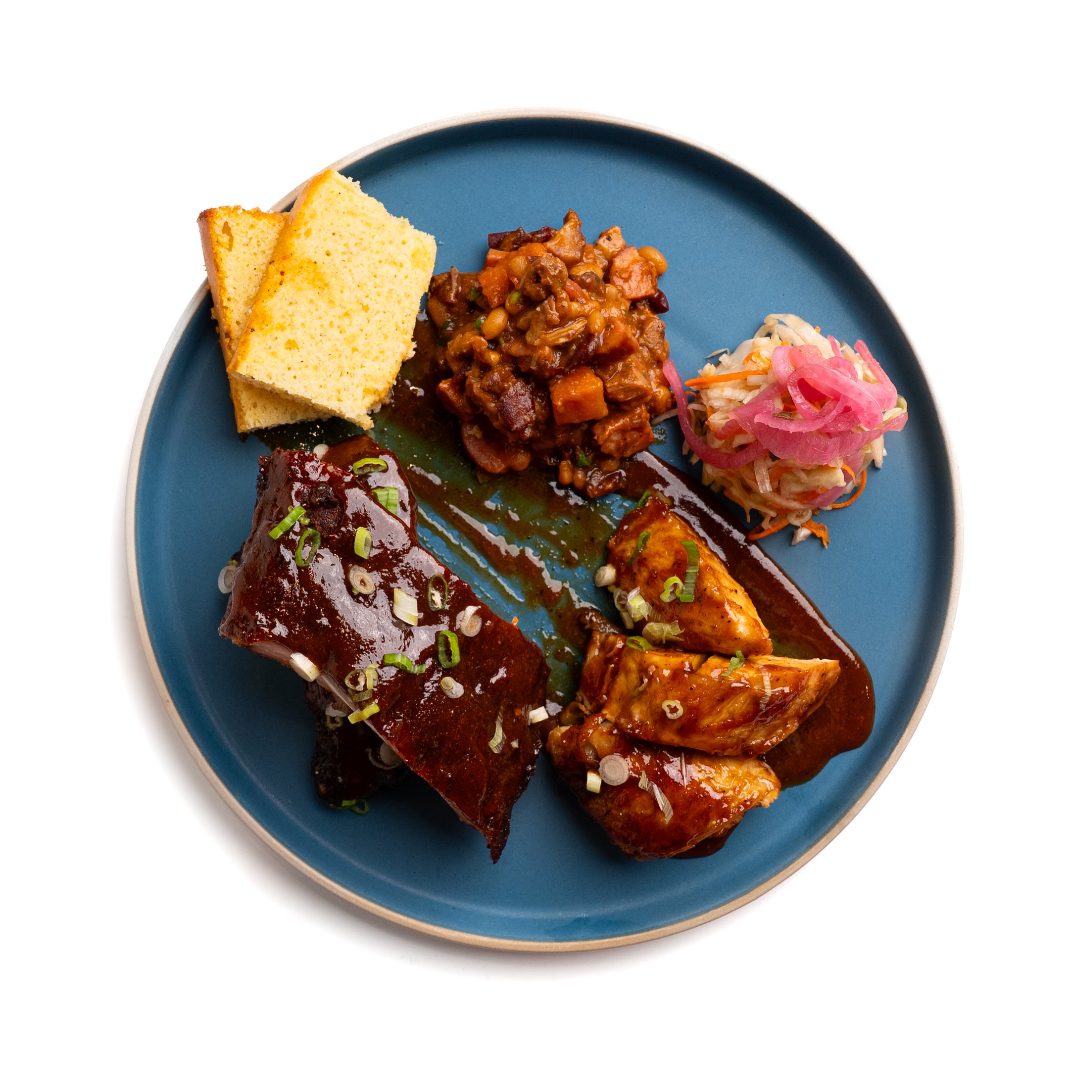 Chicken & Ribs with Coleslaw, Cornbread, and BBQ Beans