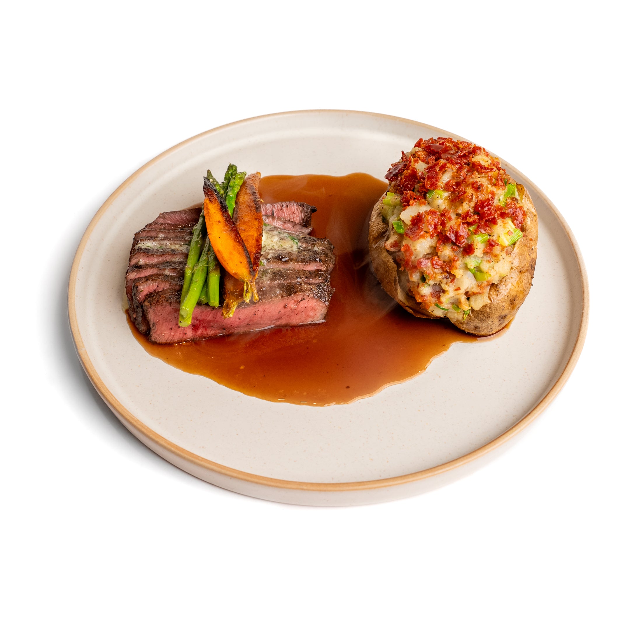 Grilled Beef Flat Iron Steak with Deluxe Stuffed Potato & Red Wine Jus