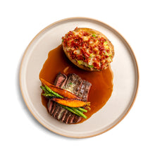 Grilled Beef Flat Iron Steak with Deluxe Stuffed Potato & Red Wine Jus