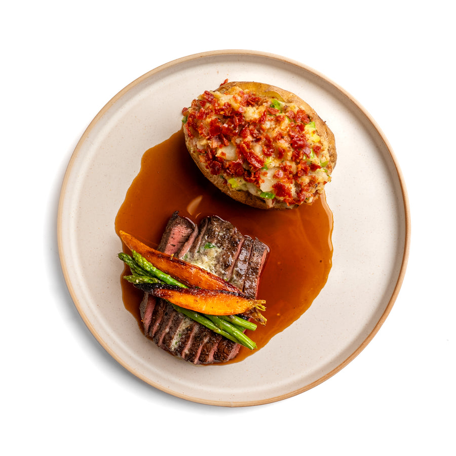 Grilled Beef Flat Iron Steak with Deluxe Stuffed Potato & Red Wine Jus