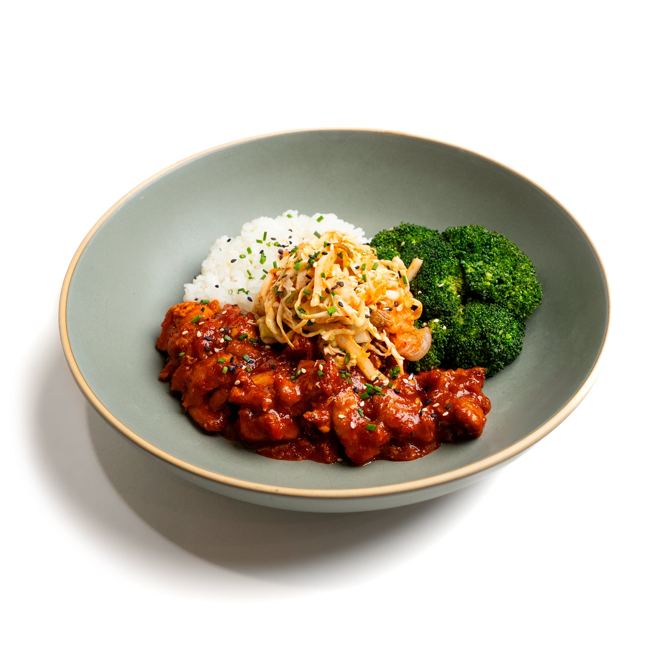 Korean Chicken Rice Bowl with Broccoli & Kimchi Slaw