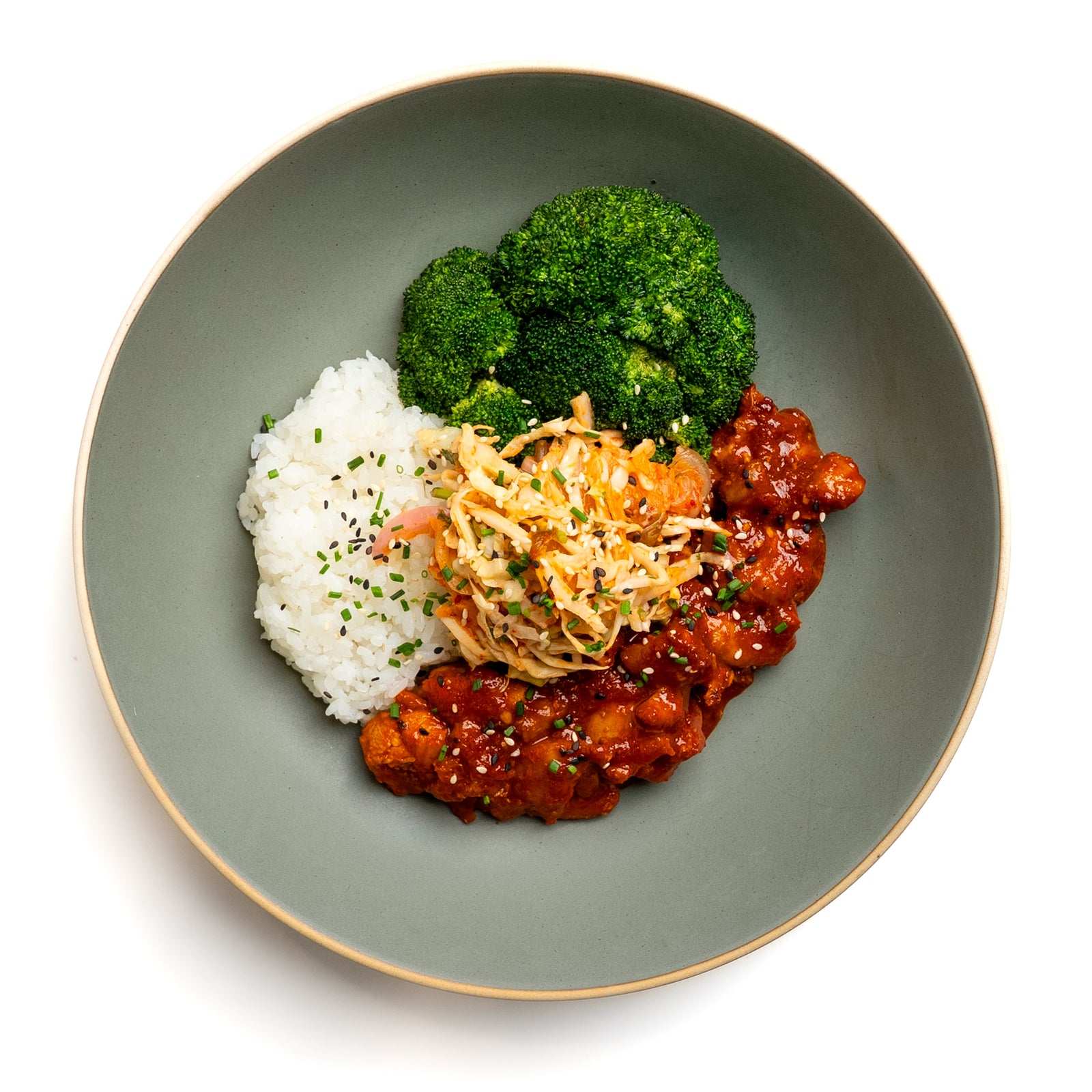 Korean Chicken Rice Bowl with Broccoli & Kimchi Slaw