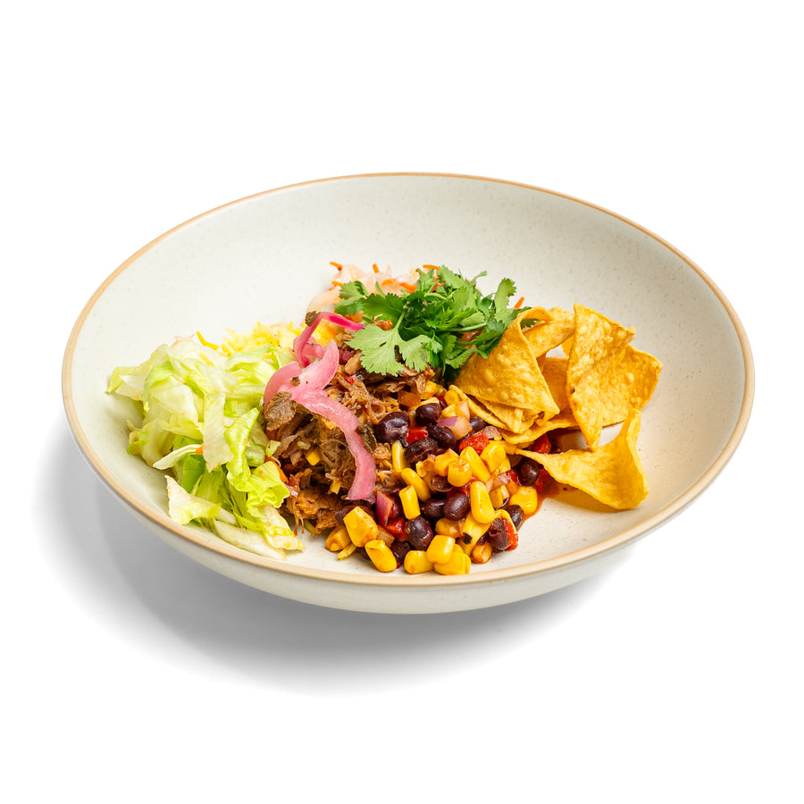 Mexican Pulled Pork Bowl with Black Bean Salad & L'OCA Nacho Chips
