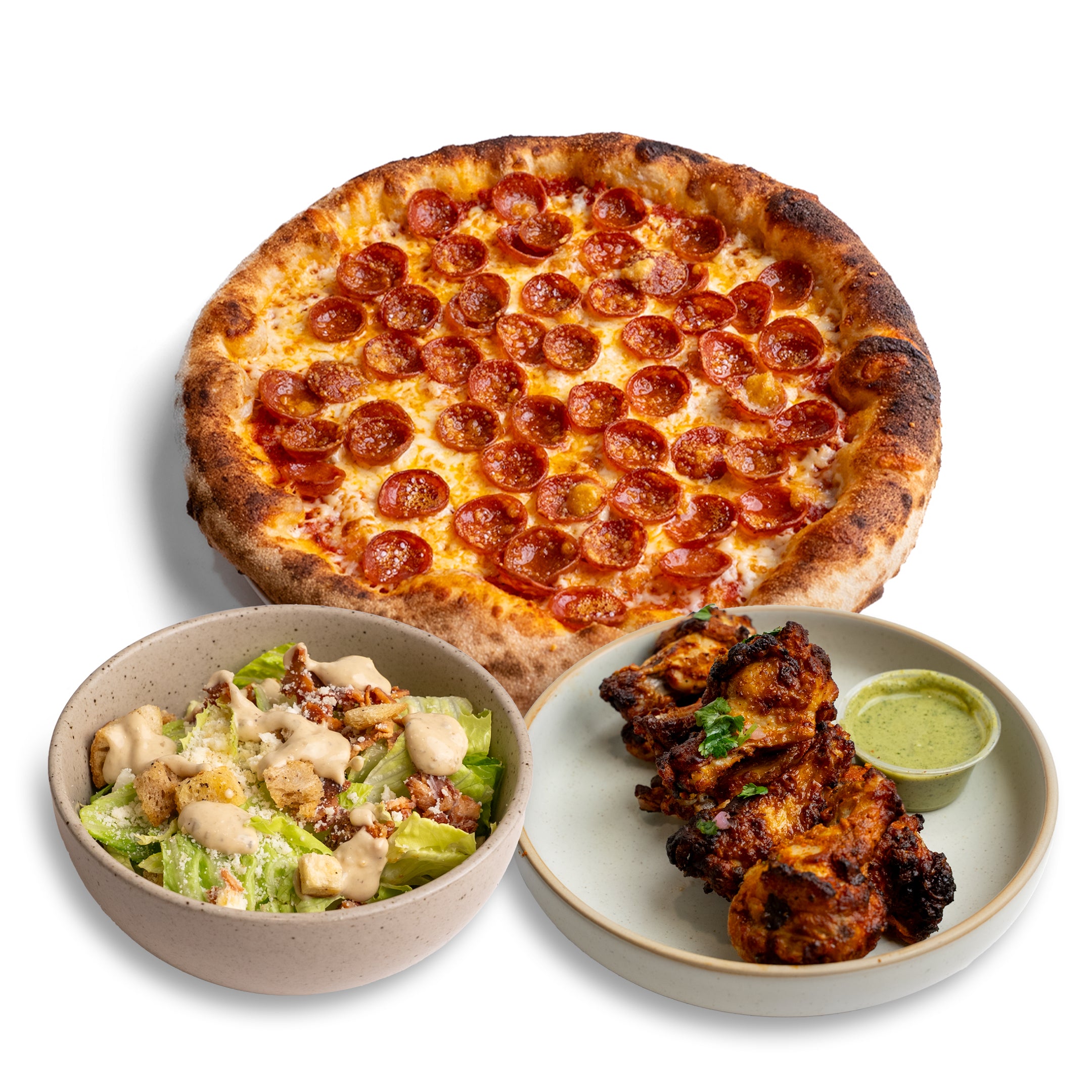 12" Pizza of Choice with Caesar Salad & Chicken Wings