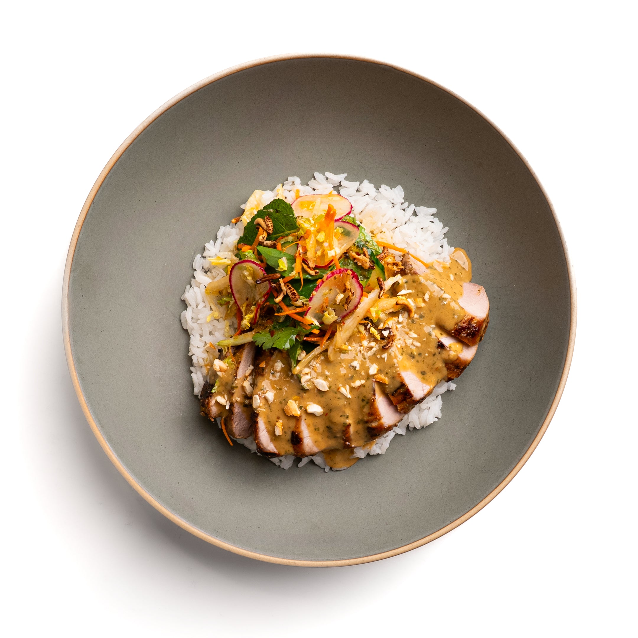 Pork Chop Satay Rice Bowl with Thai Lemongrass Sauce