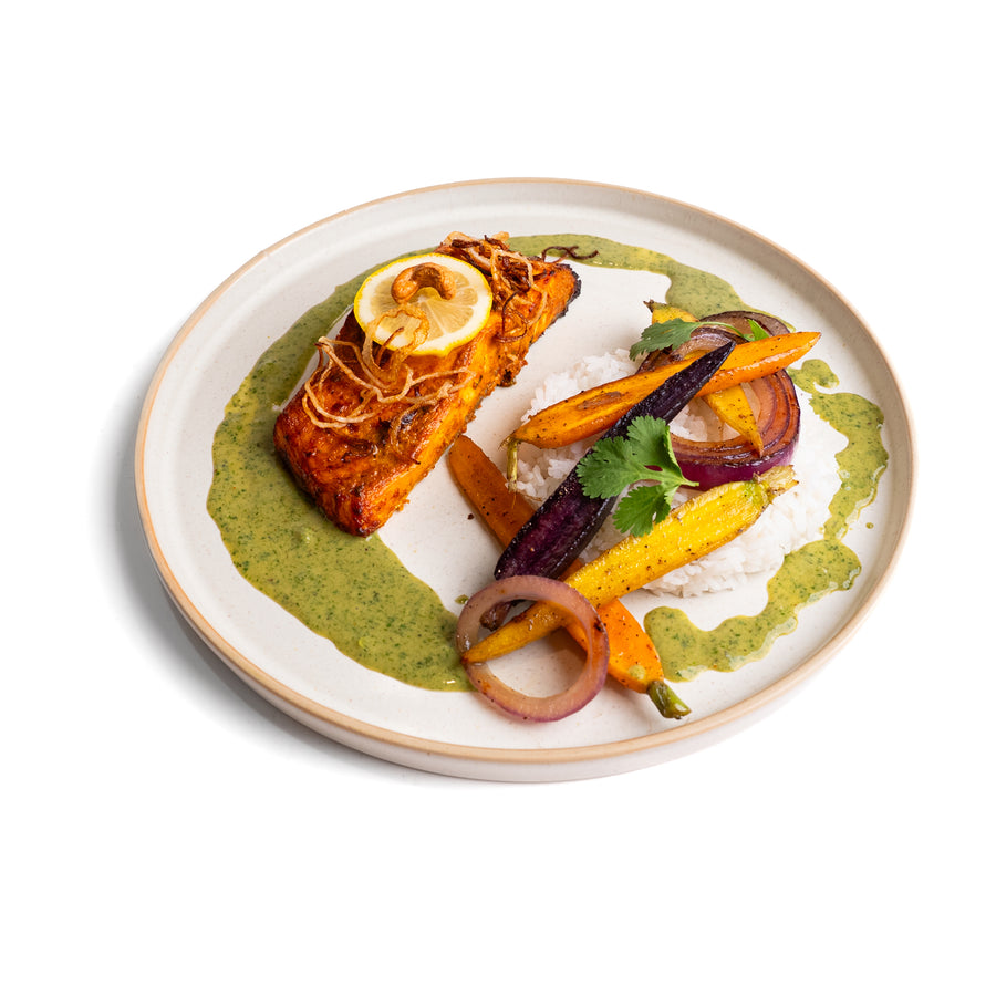 Tandoori Salmon Rice Plate with Roasted Carrots, Raita, & Mint Chutney