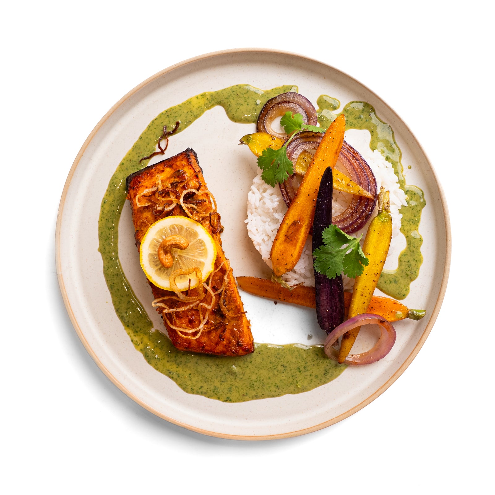 Tandoori Salmon Rice Plate with Roasted Carrots, Raita, & Mint Chutney