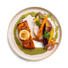 Tandoori Salmon Rice Plate with Roasted Carrots, Raita, & Mint Chutney