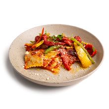 Sausage & Cheese Ravioli with Marinara, Peppers & Caesar Salad