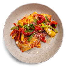 Sausage & Cheese Ravioli with Marinara, Peppers & Caesar Salad