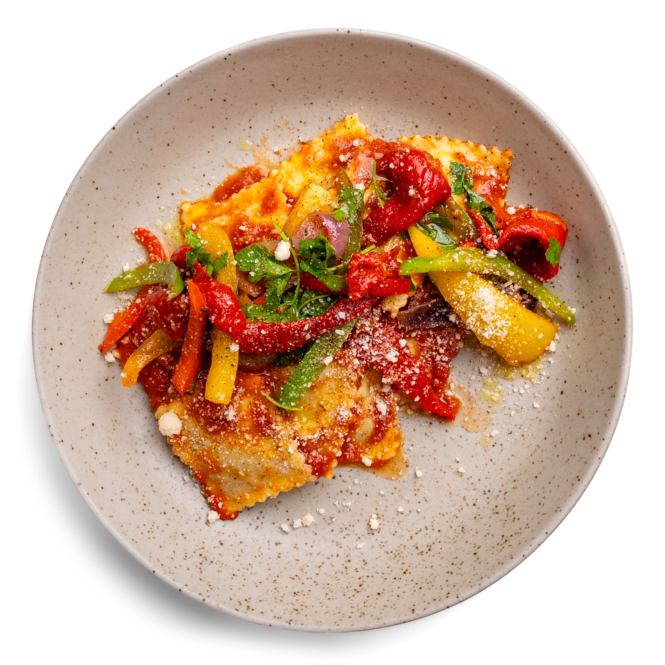 Sausage & Cheese Ravioli with Marinara, Peppers & Caesar Salad